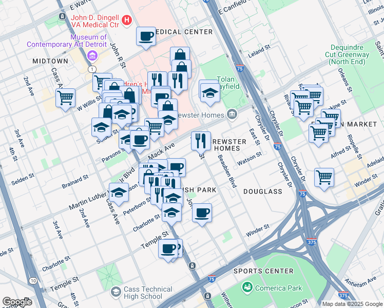 map of restaurants, bars, coffee shops, grocery stores, and more near 290 Eliot Street in Detroit