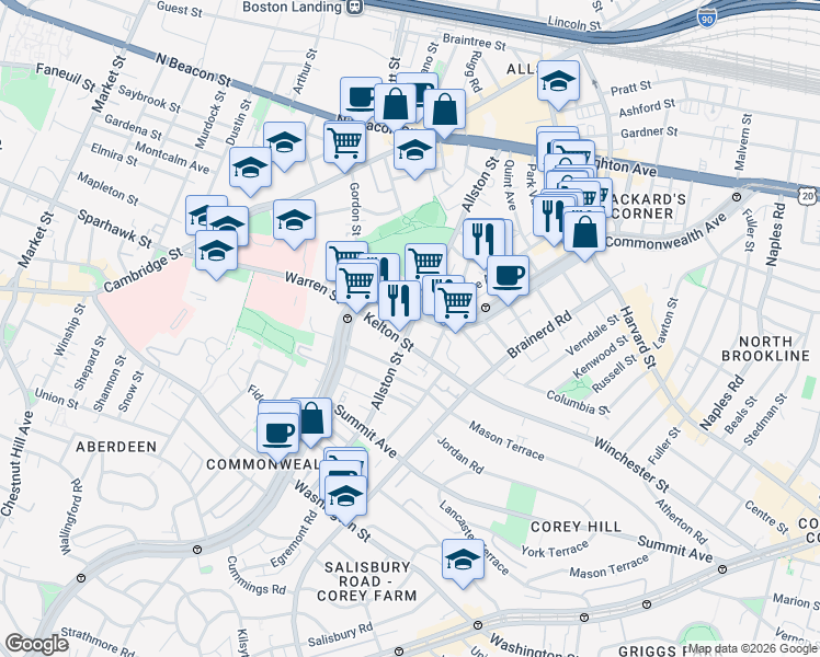 map of restaurants, bars, coffee shops, grocery stores, and more near Allston Street in Boston