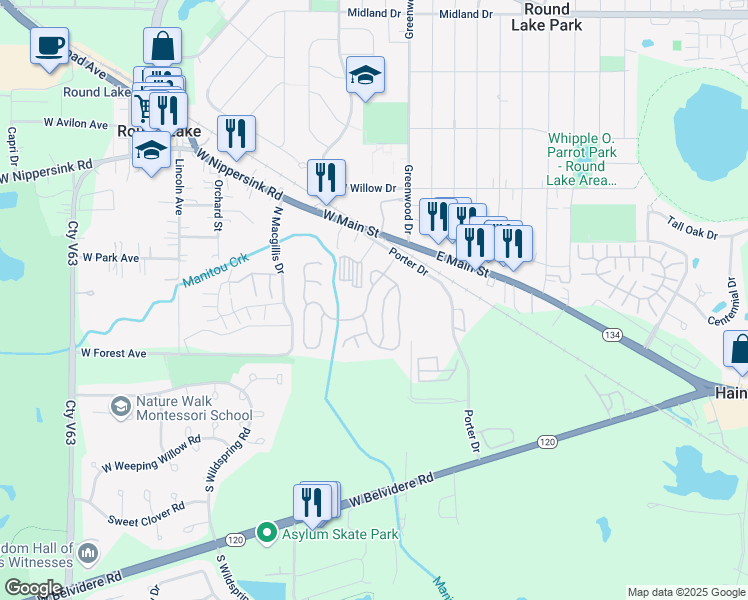 map of restaurants, bars, coffee shops, grocery stores, and more near 312 Timber Creek Drive in Round Lake Park