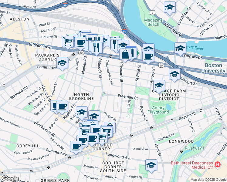 map of restaurants, bars, coffee shops, grocery stores, and more near 217 Freeman Street in Brookline