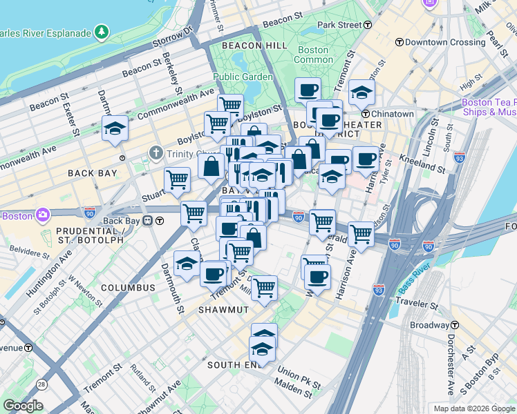 map of restaurants, bars, coffee shops, grocery stores, and more near 163 Arlington St in Boston