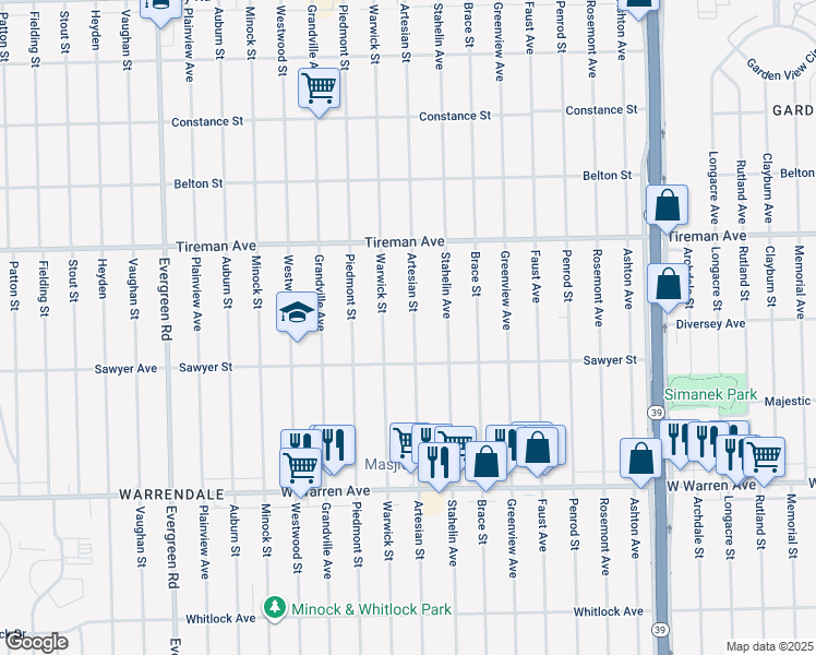 map of restaurants, bars, coffee shops, grocery stores, and more near 7671 Artesian Street in Detroit