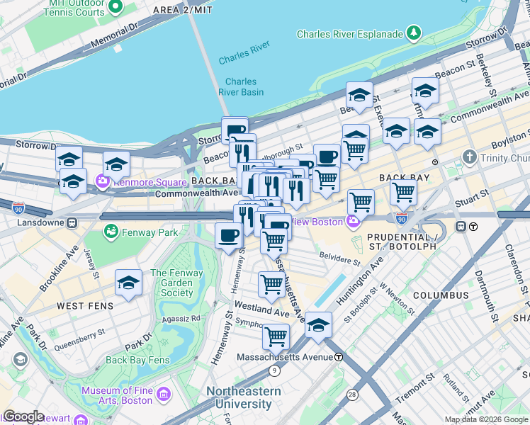 map of restaurants, bars, coffee shops, grocery stores, and more near in Boston