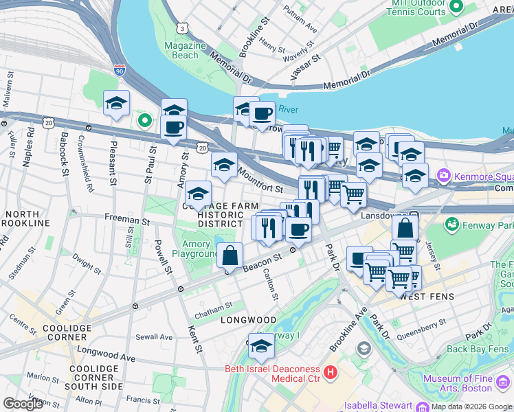 map of restaurants, bars, coffee shops, grocery stores, and more near 121 Carlton Street in Brookline
