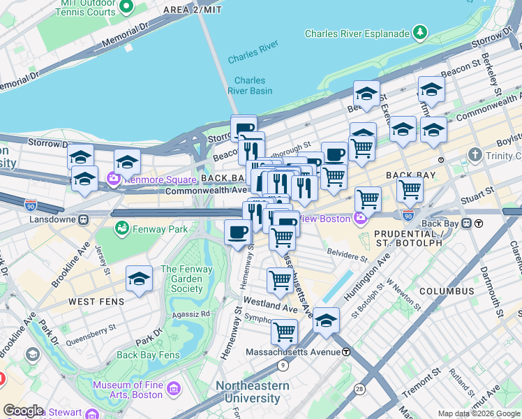 map of restaurants, bars, coffee shops, grocery stores, and more near 1001 Boylston Street in Boston