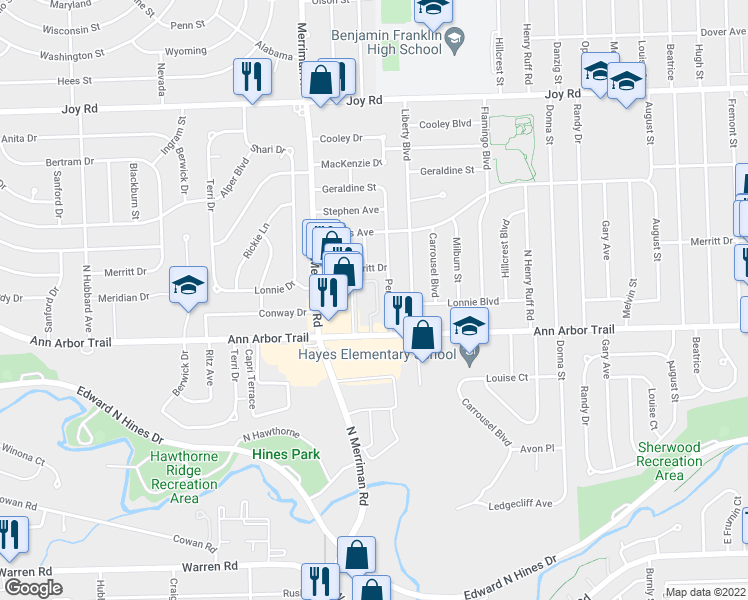 map of restaurants, bars, coffee shops, grocery stores, and more near 8220 Huntington Street in Westland