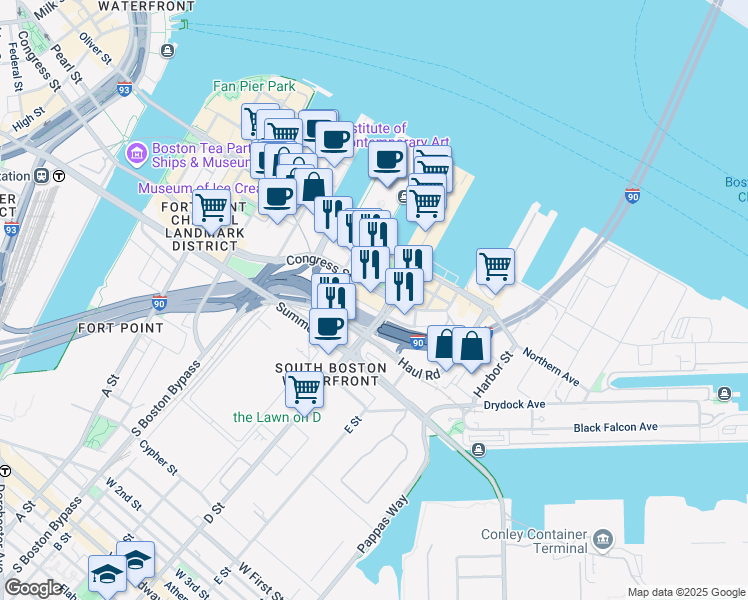 map of restaurants, bars, coffee shops, grocery stores, and more near 505 Congress Street in Boston