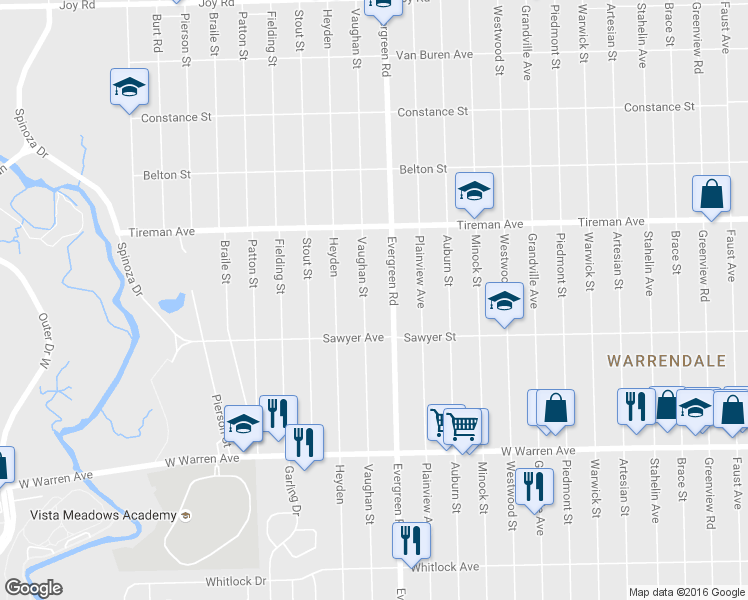 map of restaurants, bars, coffee shops, grocery stores, and more near 7682 Vaughan Street in Detroit