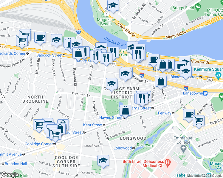 map of restaurants, bars, coffee shops, grocery stores, and more near 10 Cottage Farm Road in Brookline