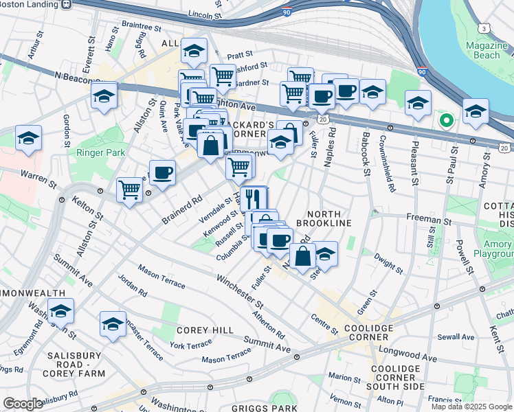 map of restaurants, bars, coffee shops, grocery stores, and more near 38 Lawton Street in Brookline