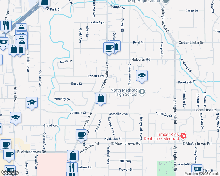 map of restaurants, bars, coffee shops, grocery stores, and more near 1900 Crater Lake Ave in Medford
