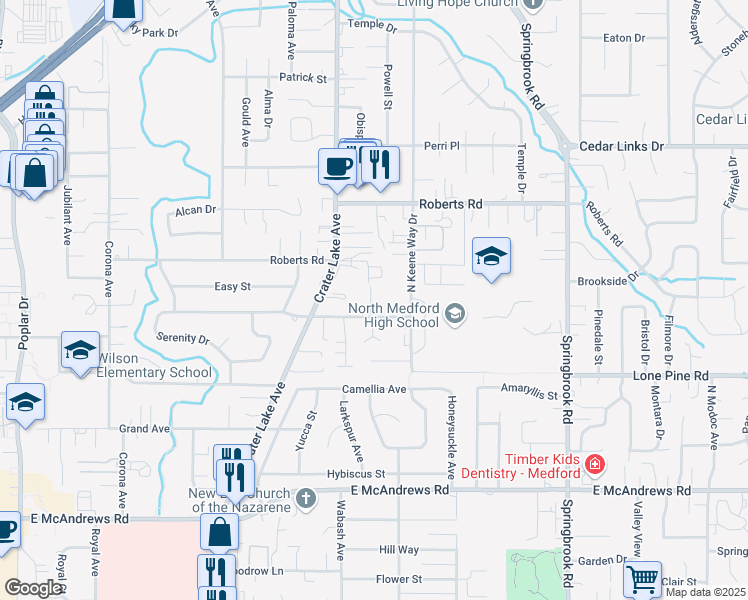 map of restaurants, bars, coffee shops, grocery stores, and more near 1900 Crater Lake Avenue in Medford