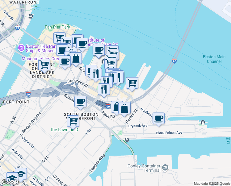 map of restaurants, bars, coffee shops, grocery stores, and more near 1 Park Lane in Boston