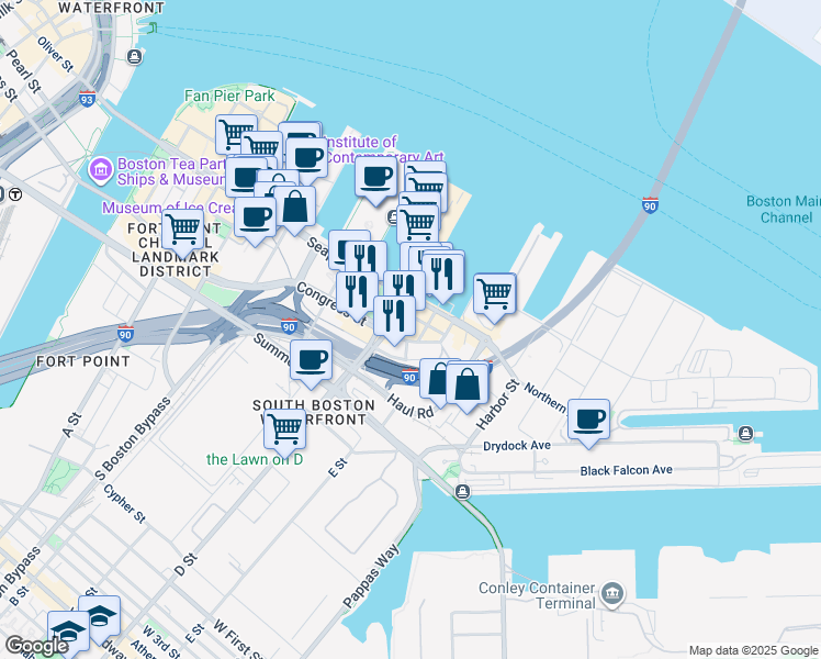 map of restaurants, bars, coffee shops, grocery stores, and more near 1 Park Lane in Boston