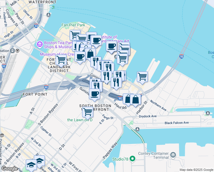 map of restaurants, bars, coffee shops, grocery stores, and more near 505 Congress Street in Boston