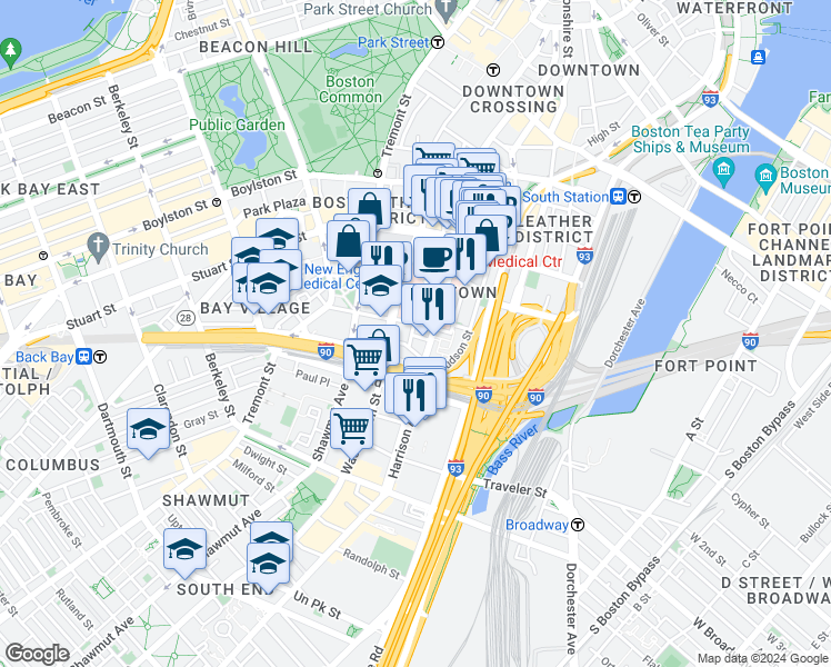 map of restaurants, bars, coffee shops, grocery stores, and more near 232 Harrison Avenue in Boston
