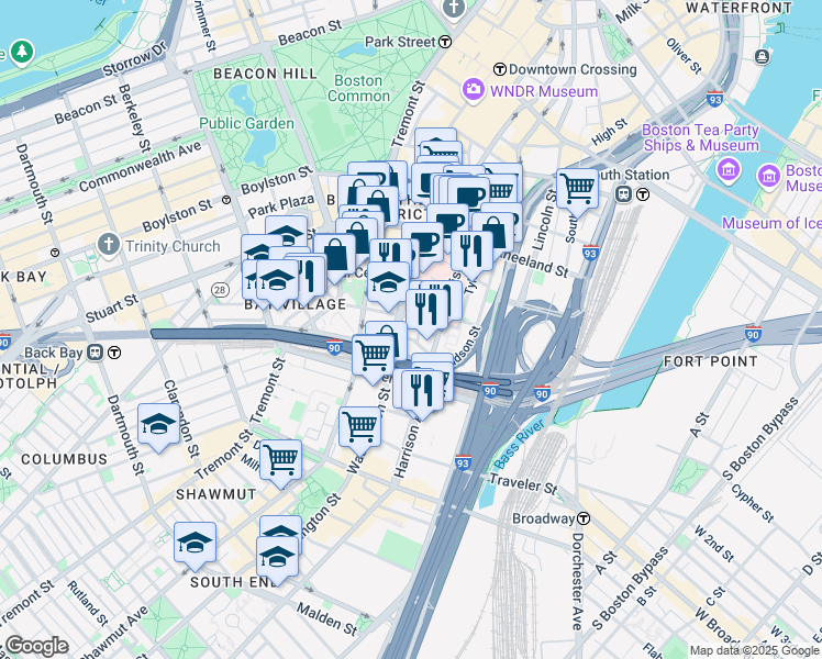 map of restaurants, bars, coffee shops, grocery stores, and more near 892 Washington Street in Boston