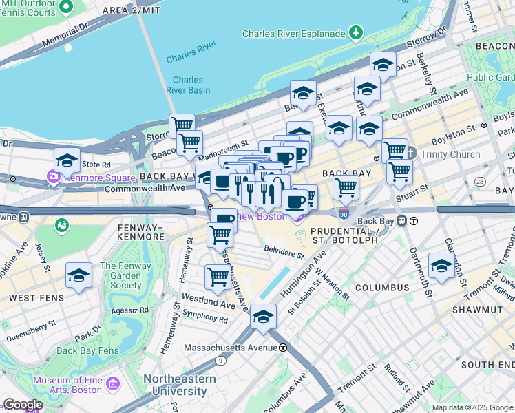 map of restaurants, bars, coffee shops, grocery stores, and more near 927 Boylston Street in Boston