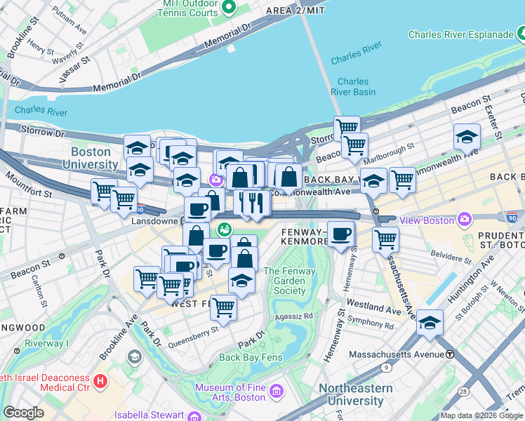 map of restaurants, bars, coffee shops, grocery stores, and more near 35-37 Lansdowne Street in Boston