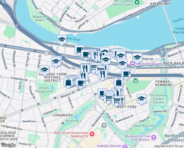 map of restaurants, bars, coffee shops, grocery stores, and more near 1 Buswell Street in Boston