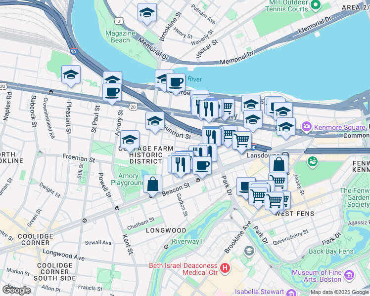 map of restaurants, bars, coffee shops, grocery stores, and more near 121 Carlton Street in Brookline