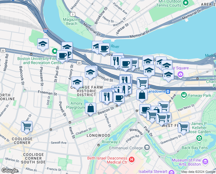 map of restaurants, bars, coffee shops, grocery stores, and more near 121 Carlton Street in Brookline