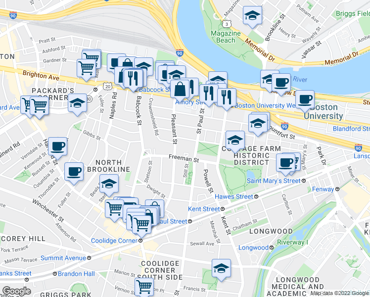 map of restaurants, bars, coffee shops, grocery stores, and more near 73 Thatcher Street in Brookline