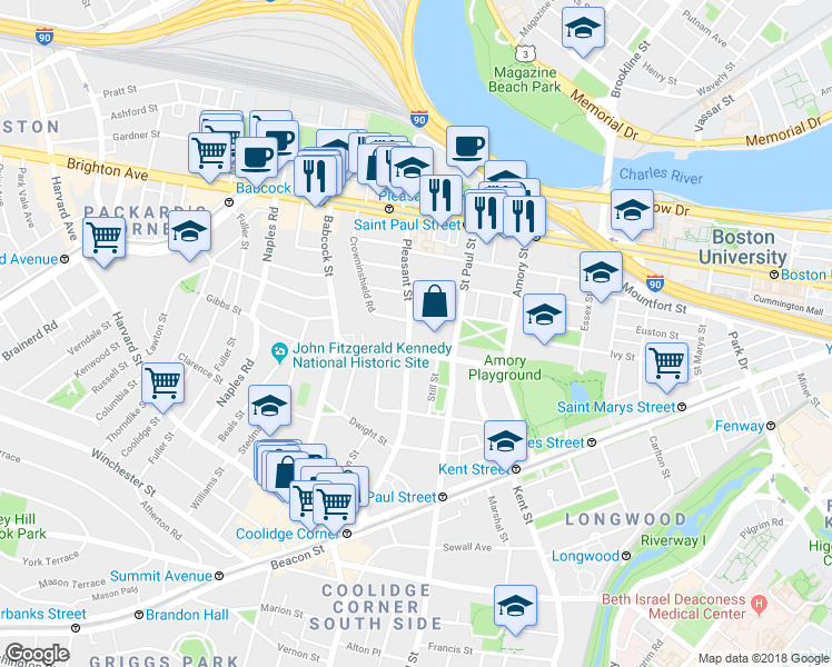 map of restaurants, bars, coffee shops, grocery stores, and more near 73 Thatcher Street in Brookline