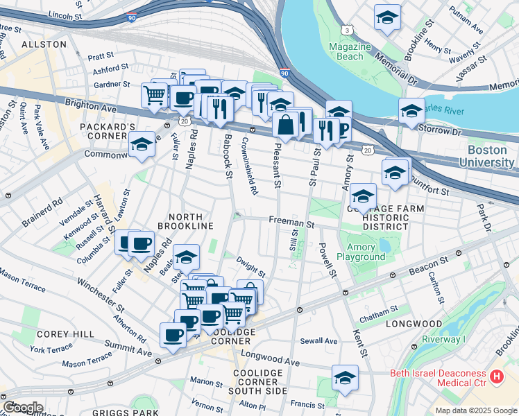 map of restaurants, bars, coffee shops, grocery stores, and more near 217 Freeman Street in Brookline