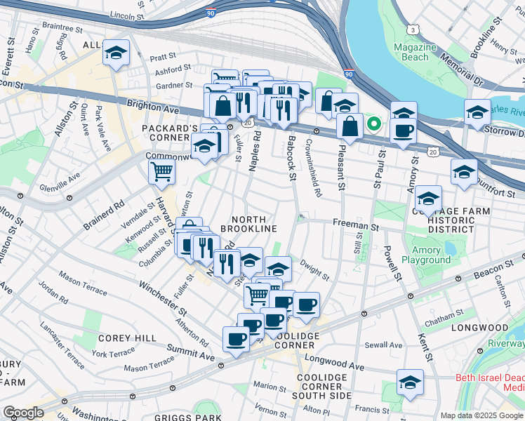 map of restaurants, bars, coffee shops, grocery stores, and more near 120 Stedman Street in Brookline