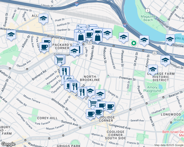 map of restaurants, bars, coffee shops, grocery stores, and more near in Brookline