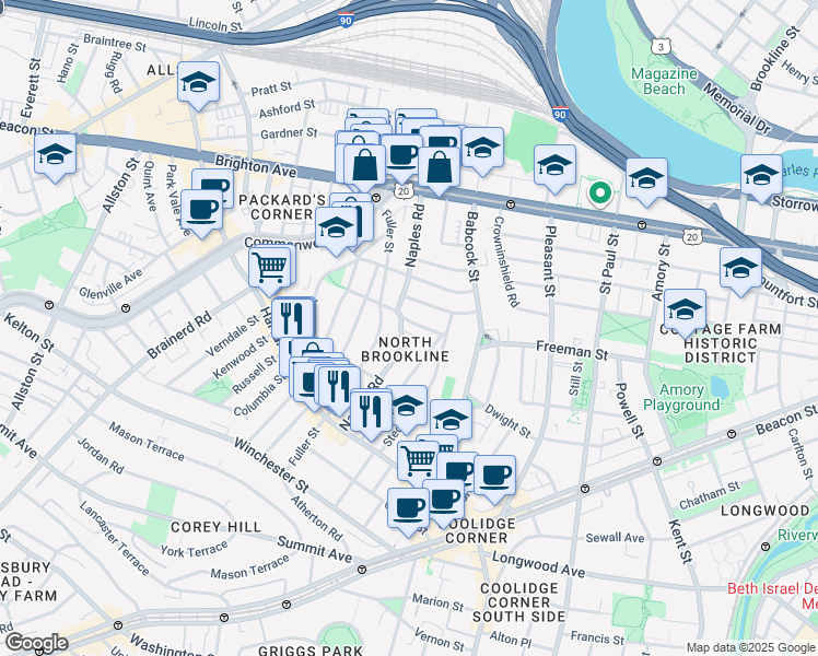 map of restaurants, bars, coffee shops, grocery stores, and more near in Brookline
