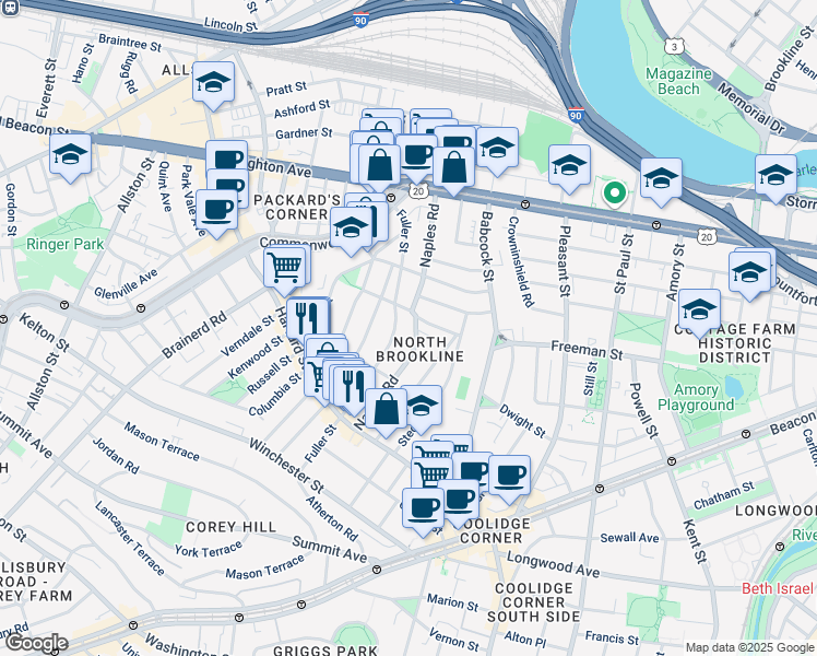 map of restaurants, bars, coffee shops, grocery stores, and more near in Brookline