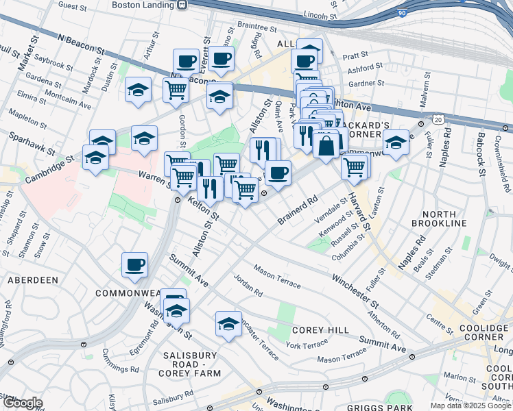 map of restaurants, bars, coffee shops, grocery stores, and more near 1348 Commonwealth Avenue in Boston