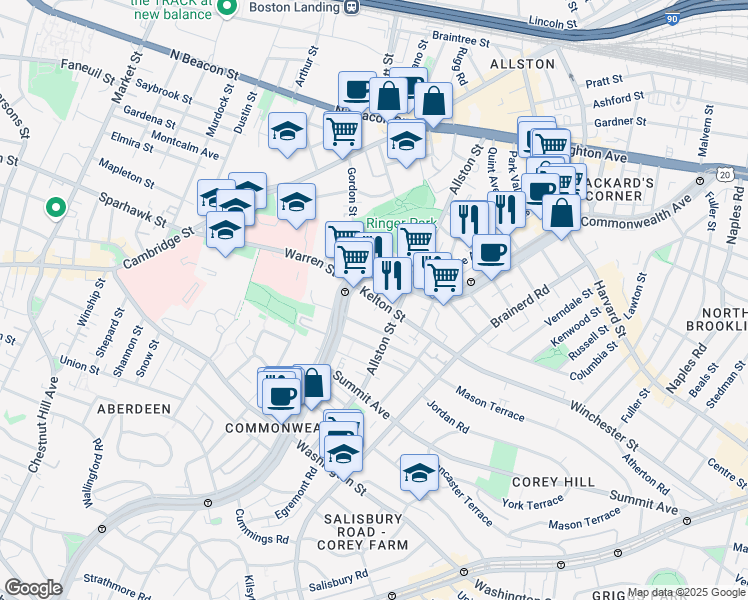 map of restaurants, bars, coffee shops, grocery stores, and more near 153 Kelton Street in Boston