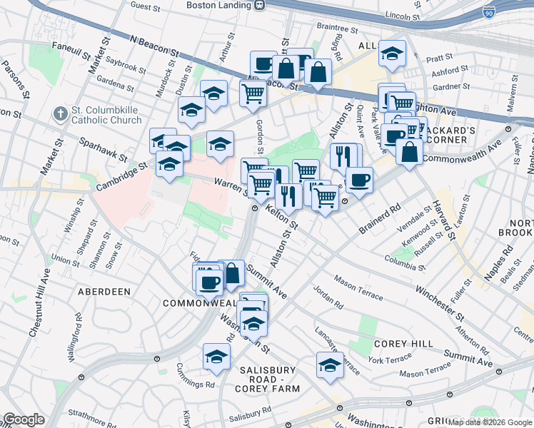 map of restaurants, bars, coffee shops, grocery stores, and more near 164 Kelton Street in Boston
