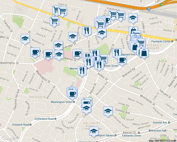 map of restaurants, bars, coffee shops, grocery stores, and more near in Boston