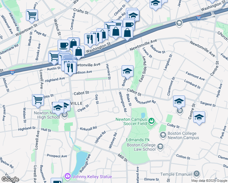 map of restaurants, bars, coffee shops, grocery stores, and more near 262 Cabot Street in Newton