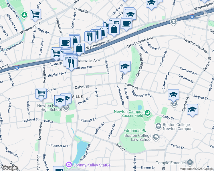 map of restaurants, bars, coffee shops, grocery stores, and more near 288 Cabot Street in Newton