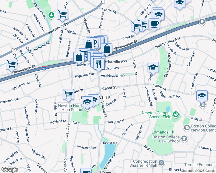 map of restaurants, bars, coffee shops, grocery stores, and more near 347 Cabot Street in Newton