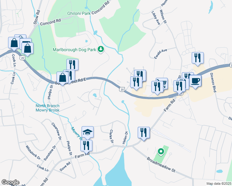 map of restaurants, bars, coffee shops, grocery stores, and more near 339 Boston Post Road East in Marlborough