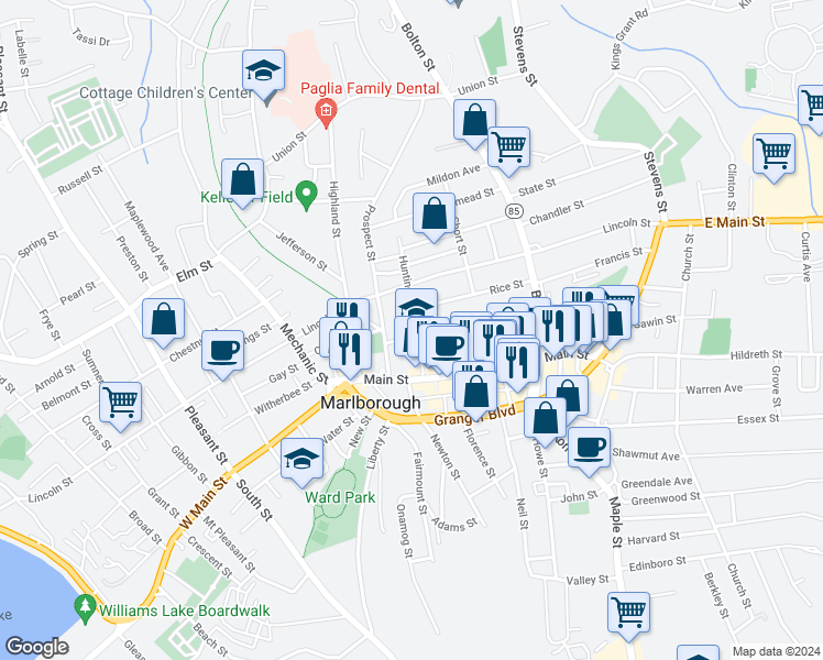 map of restaurants, bars, coffee shops, grocery stores, and more near 93 Washington Street in Marlborough