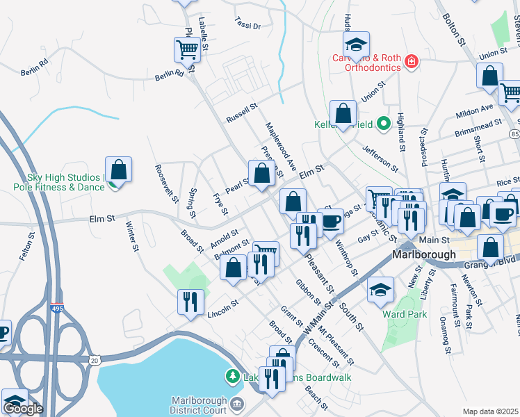 map of restaurants, bars, coffee shops, grocery stores, and more near 43 Franklin Street in Marlborough