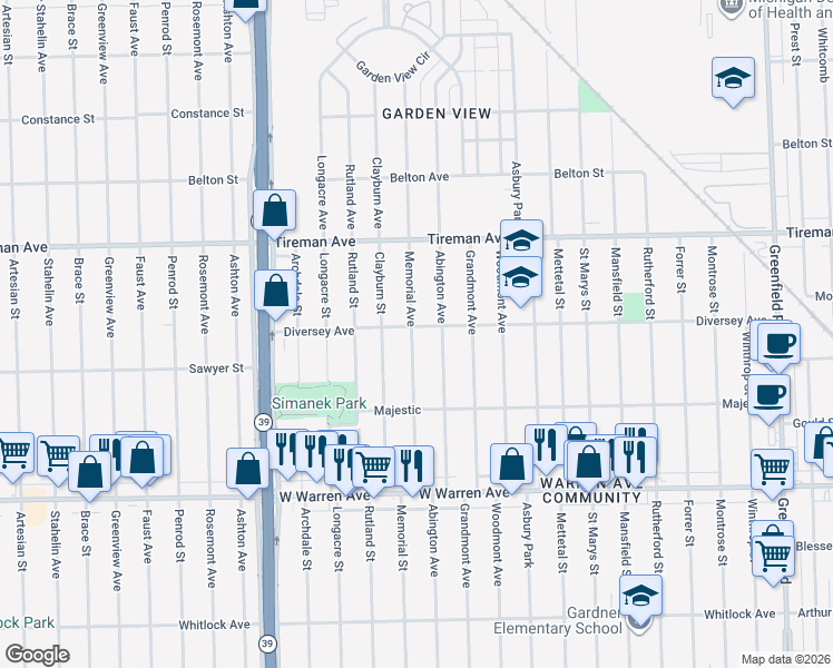map of restaurants, bars, coffee shops, grocery stores, and more near 7551 Memorial Street in Detroit
