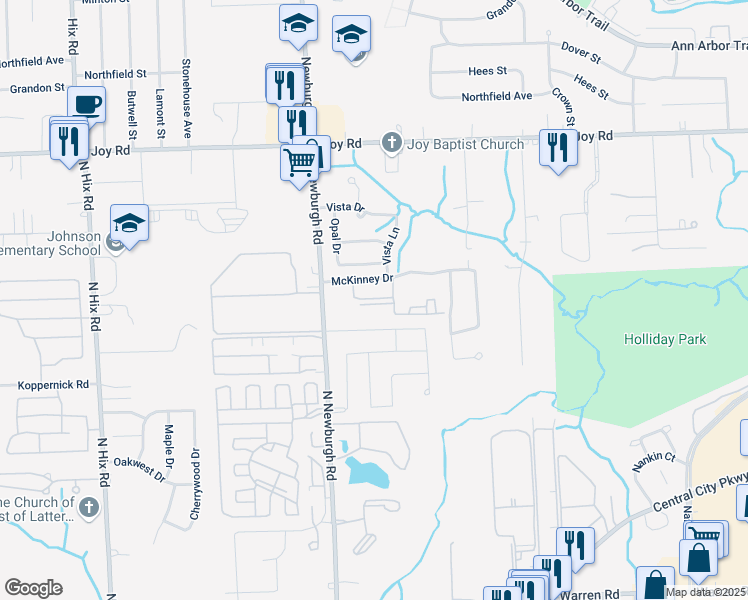 map of restaurants, bars, coffee shops, grocery stores, and more near 37115 McKinney Avenue in Westland