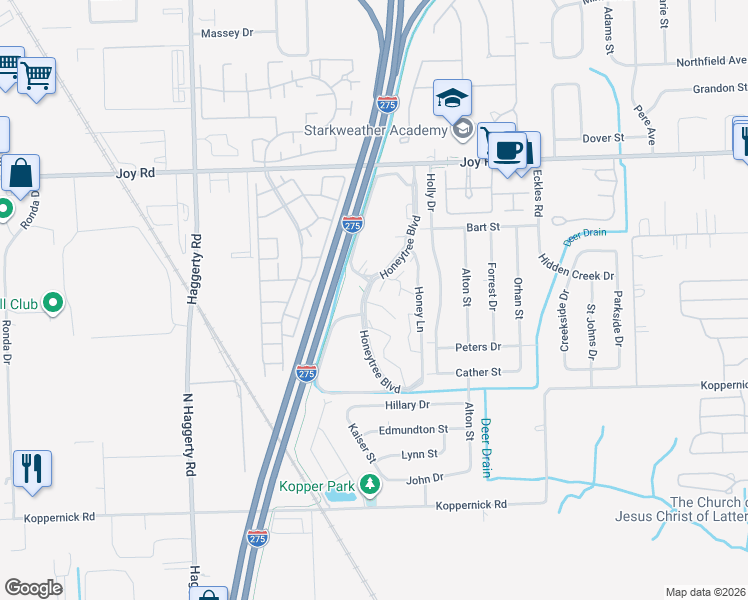 map of restaurants, bars, coffee shops, grocery stores, and more near 8360 Honeytree Boulevard in Canton