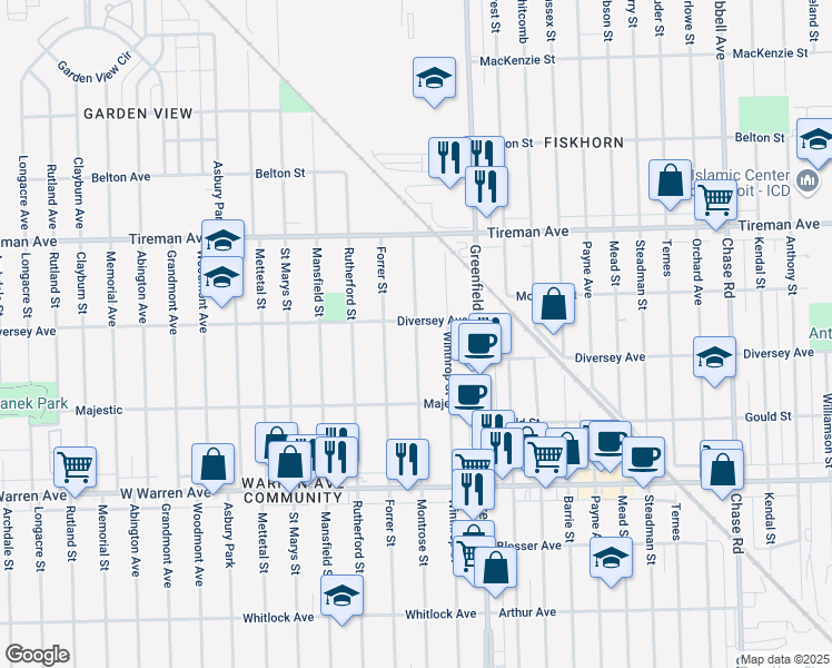 map of restaurants, bars, coffee shops, grocery stores, and more near 7539 Montrose St in Detroit