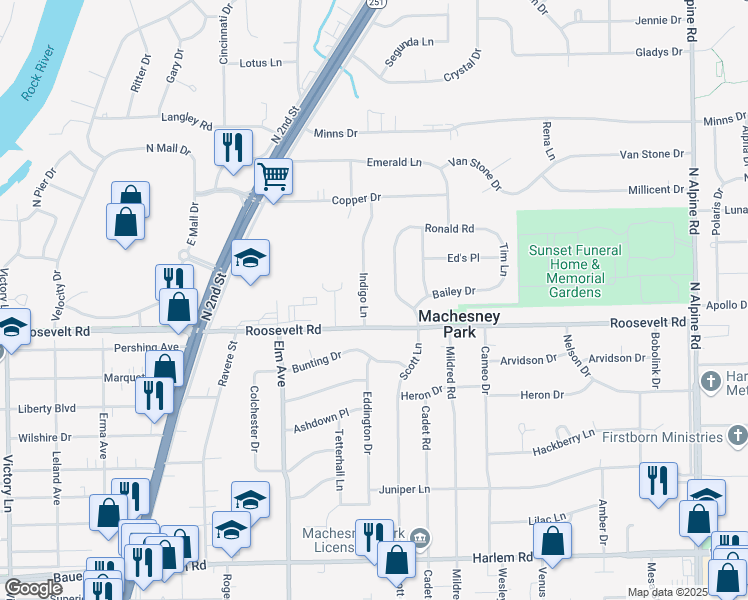 map of restaurants, bars, coffee shops, grocery stores, and more near 8609 Indigo Lane in Machesney Park