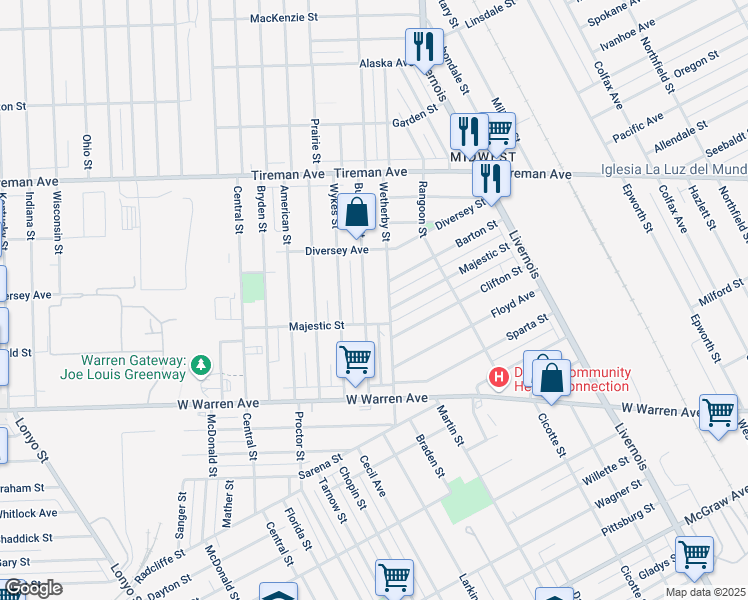 map of restaurants, bars, coffee shops, grocery stores, and more near 7450 Burnette Street in Detroit