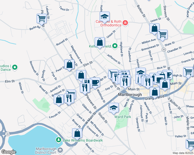 map of restaurants, bars, coffee shops, grocery stores, and more near 36 Chestnut Street in Marlborough